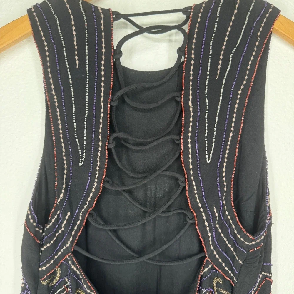 Free People Beaded Embroidered‎ Lace Up Open Back Mini Dress 2 Black Festival